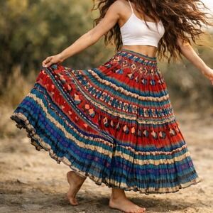 Vintage 90s Rafta Studio Rayon Boho Maxi Skirt Southwestern Broomstick Festival